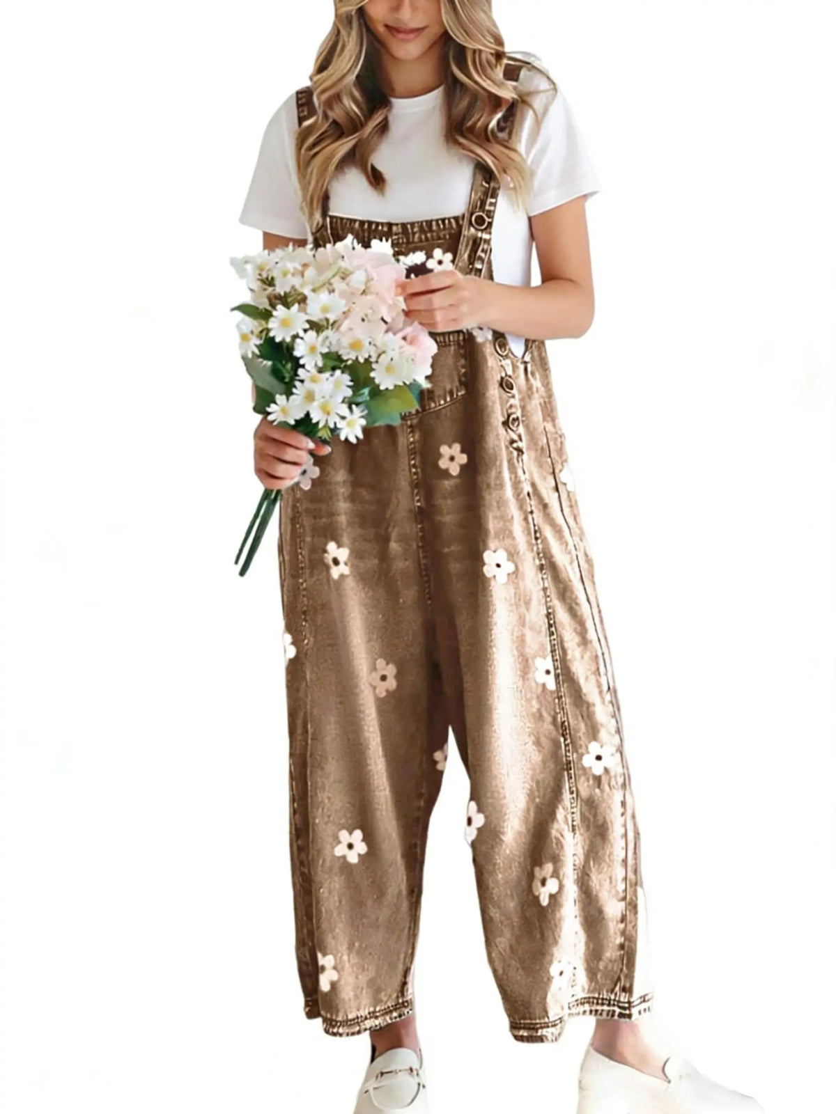 utcoco Women's Cotton Bib Overalls - Cute Floral Print Denim Jumpsuit with Baggy Wide Leg, Adjustable Straps, Vibe Fashion Apparel, Women's Fashion Back to School Clothes