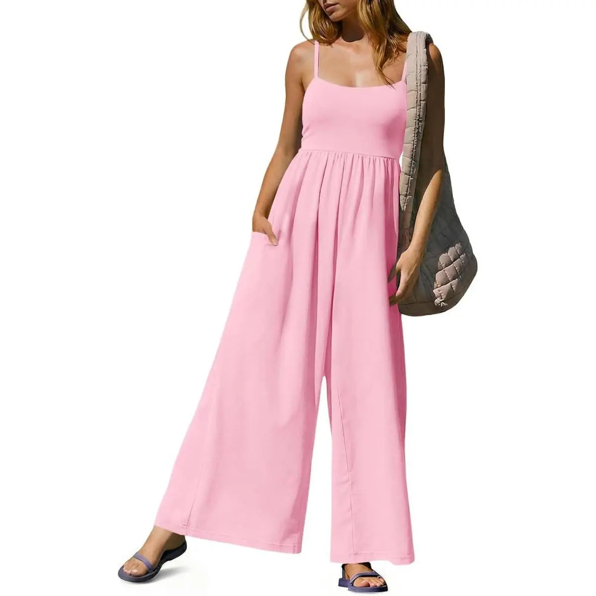 Imily Bela Womens Summer Jumpsuits One Piece Casual Loose Overalls Spaghetti Strap Wide Leg Rompers with Pockets Workout Outfits