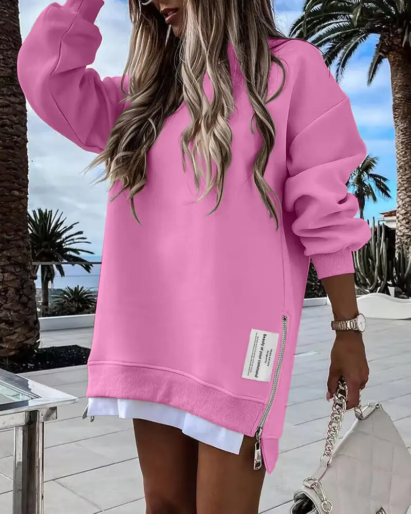 CHICME 2026 Women's Oversized Fall Long Sleeve Pullover Sweatshirt Zipper Slit Casual Dress Drop Shoulder Outfits