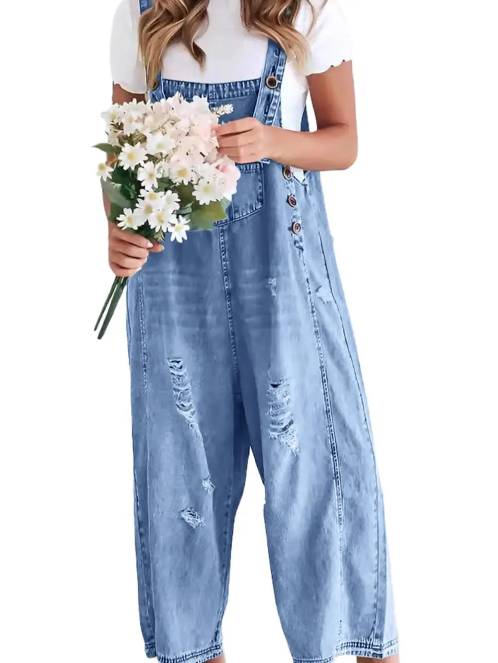 Ebossy Women's Minimalist Blue Loose Strappy Adjustable-Button Denim Coverall Bib Overalls - Ripped Wide Leg Baggy Jumpsuit, Casual Party Womenswear, Women's Clothing