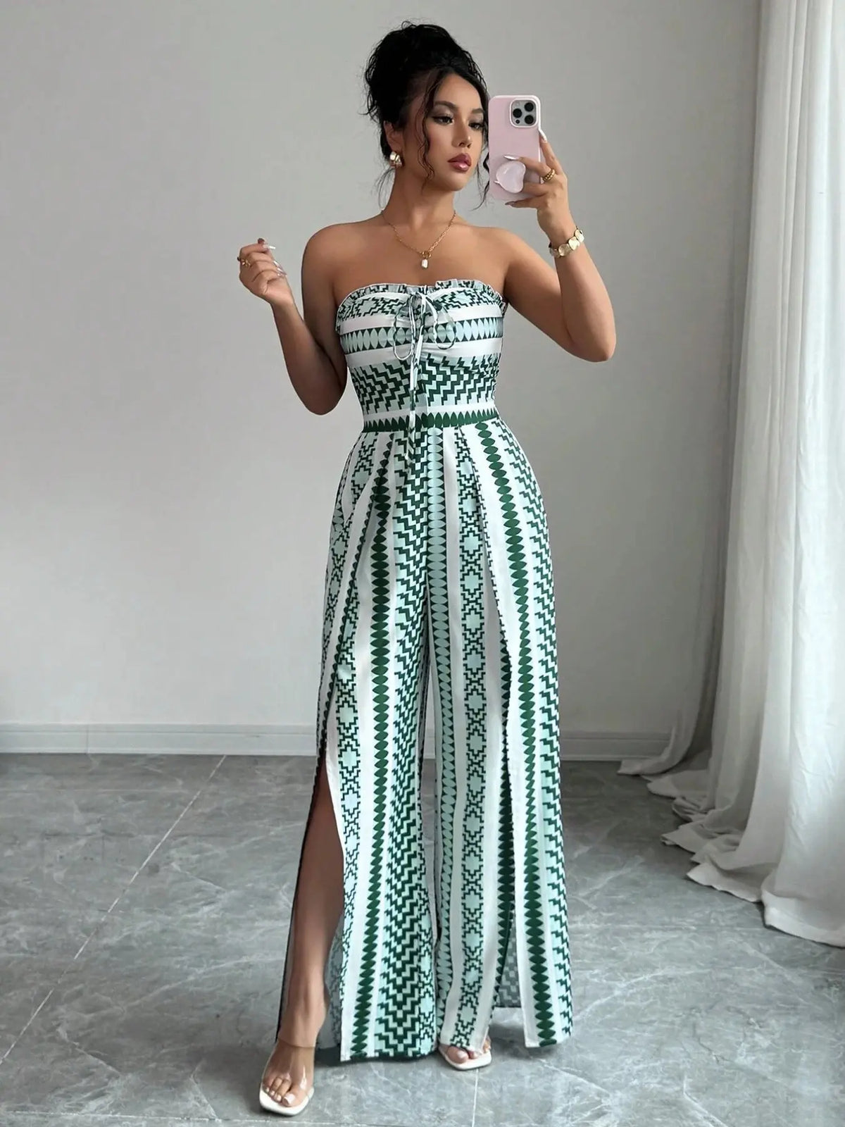 Breathable Flowy Wide Leg Geometric Printed Jumpsuit, Sleeveless Boho Style, Fit, High Waist, Leaf Print, Split Thigh Slit, Perfect for Beach, Work, Date Night