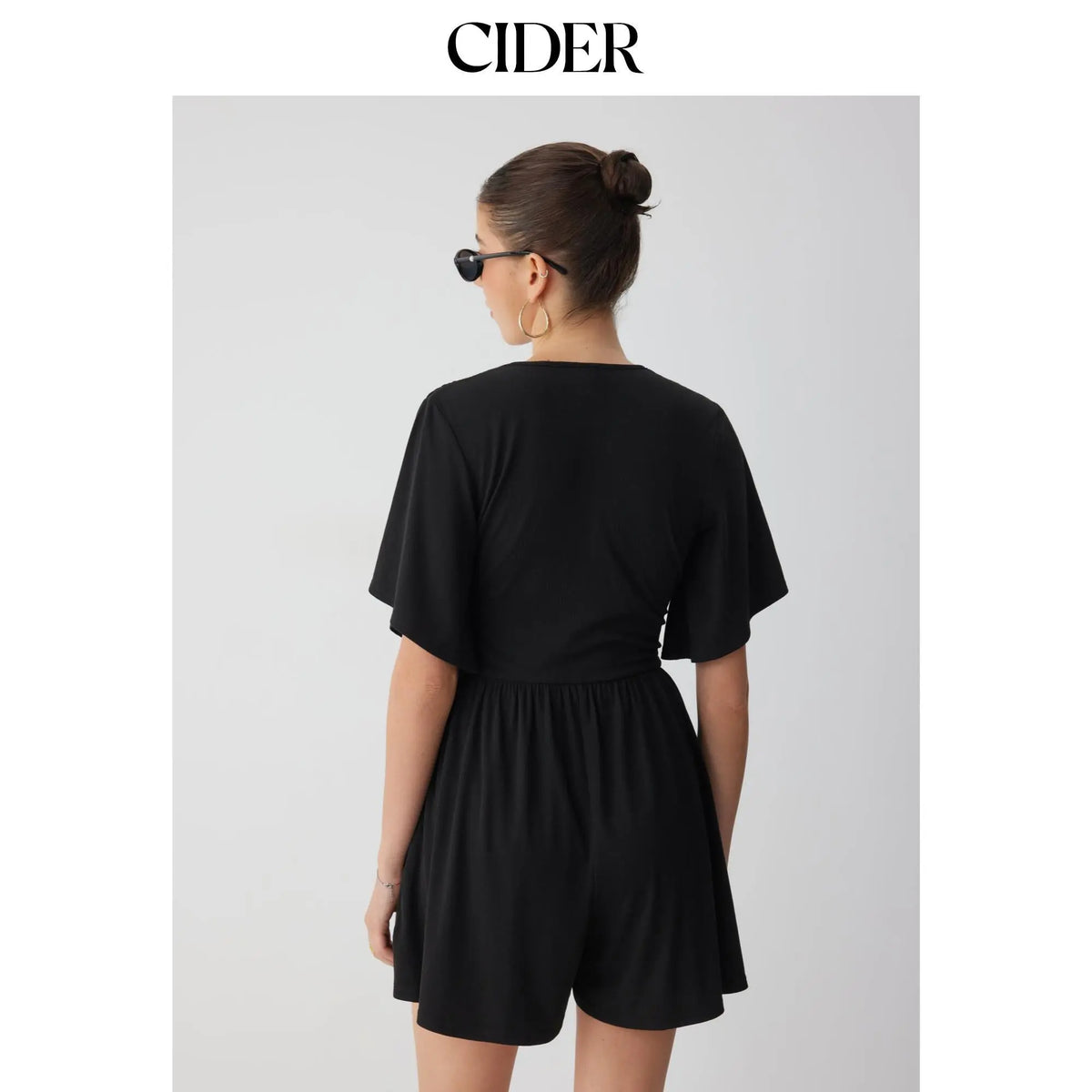 Cider Textured V-neck Ruched Mid Rise Bell Sleeve Ribbed Fabric Romper with Pockets Womenswear Basic Minimalist Jumpsuit