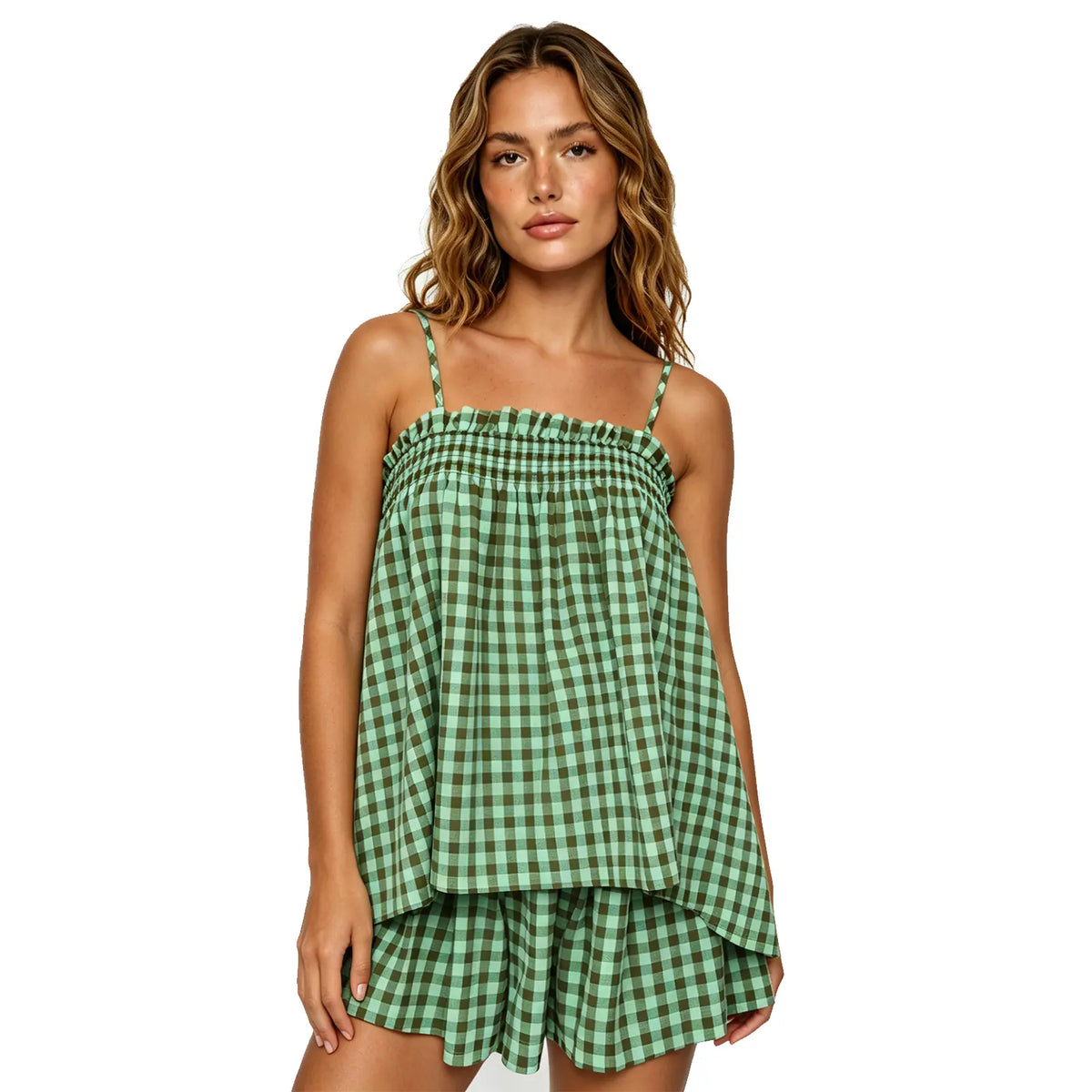 Women's 2 Piece Lounge Outfits Sleeveless Plaid Cami Tank Tops Wide Leg Shorts Sets