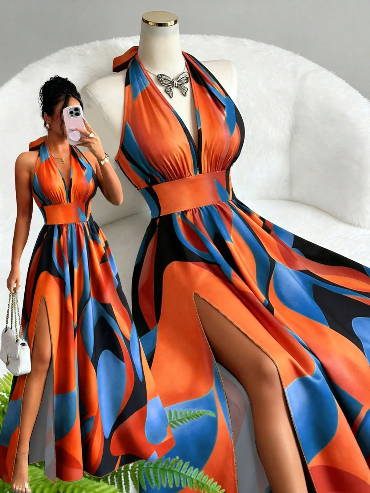 Printed Halter Long Dress, Deep V Neck Split Dress, Vintage Style, Sleeveless Backless, Beach Vacation, Summer New Arrival, Ff2608, Summer Dresses