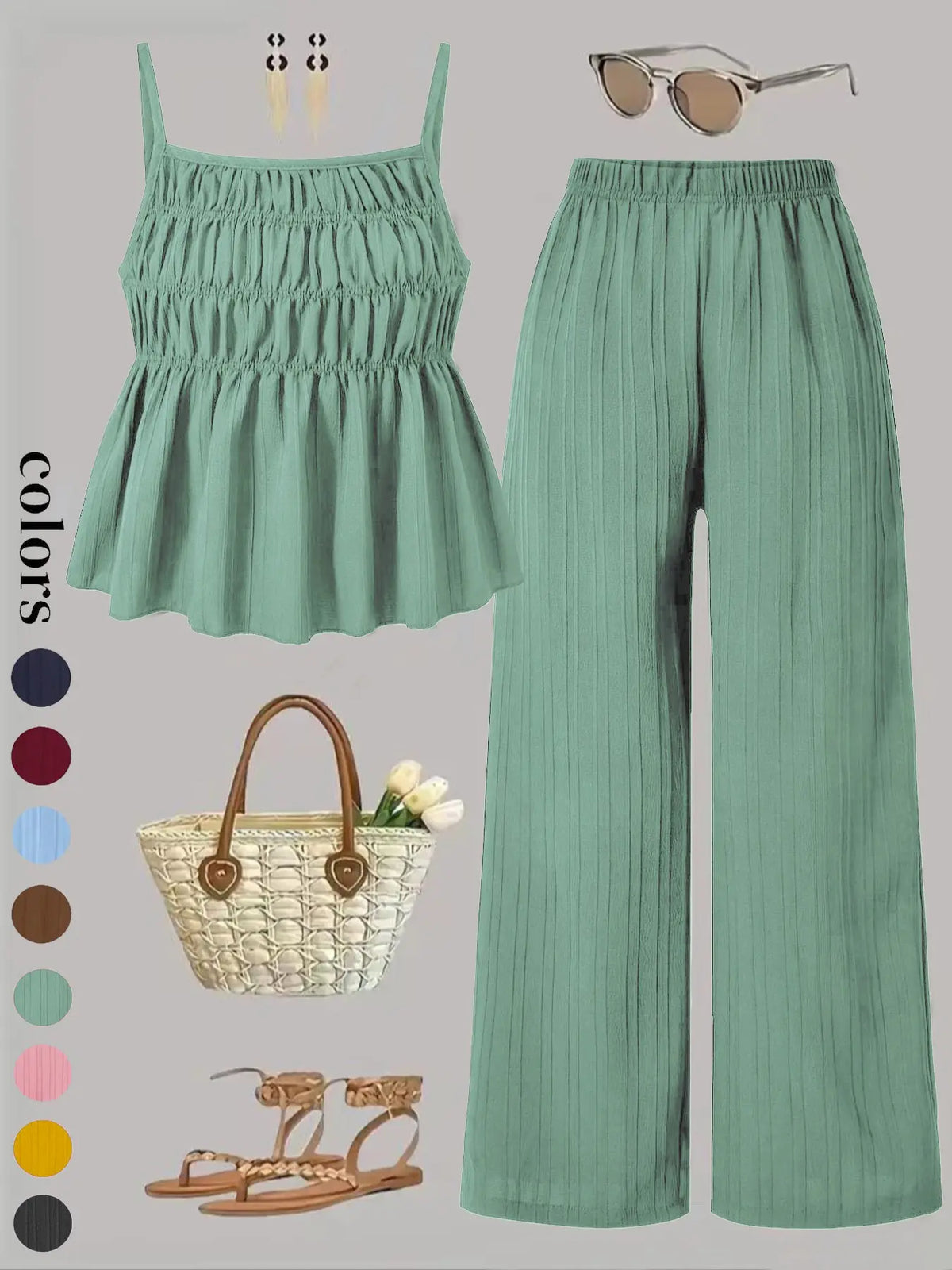 Two-Piece Set Women's Solid Color Cami Top & Wide Leg Pants Set, Street Fashion Casual Everyday Set Outfits for Daily Outdoor Wear, Ladies Clothes for All Seasons