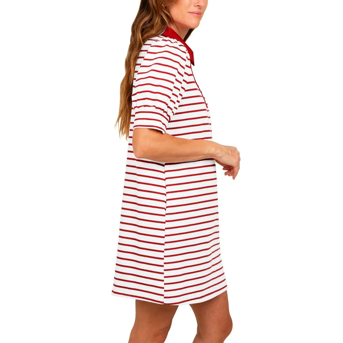 Imily Bela Women's Summer Lapel Collared V Neck Striped Dress Casual Puff Short Sleeve Polo Tshirt Dresses with Pockets