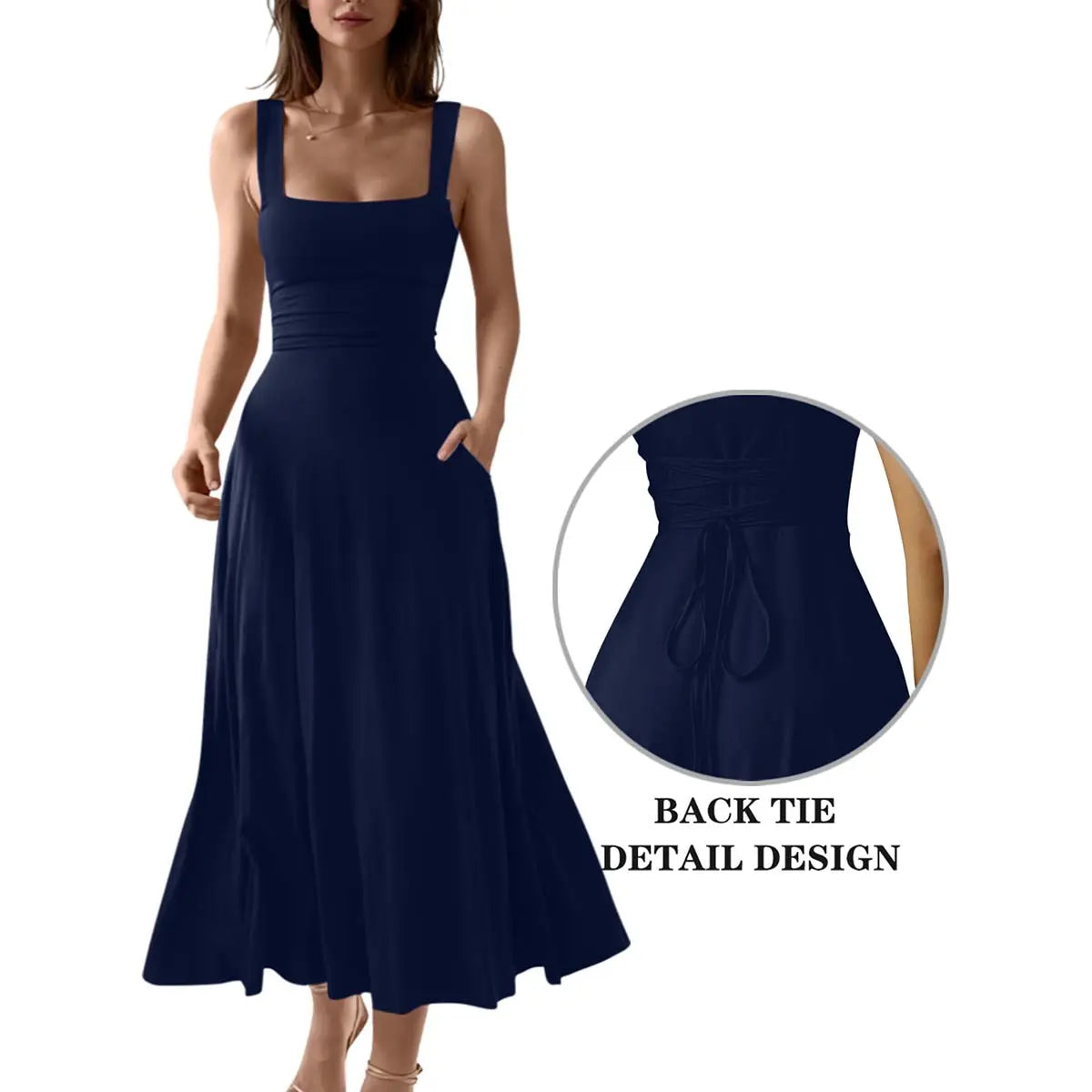OYS Women's Casual Sleeveless Square Neck A-Line Solid Slim Flowy Long Dress with Pockets & Back Tie Detail Design