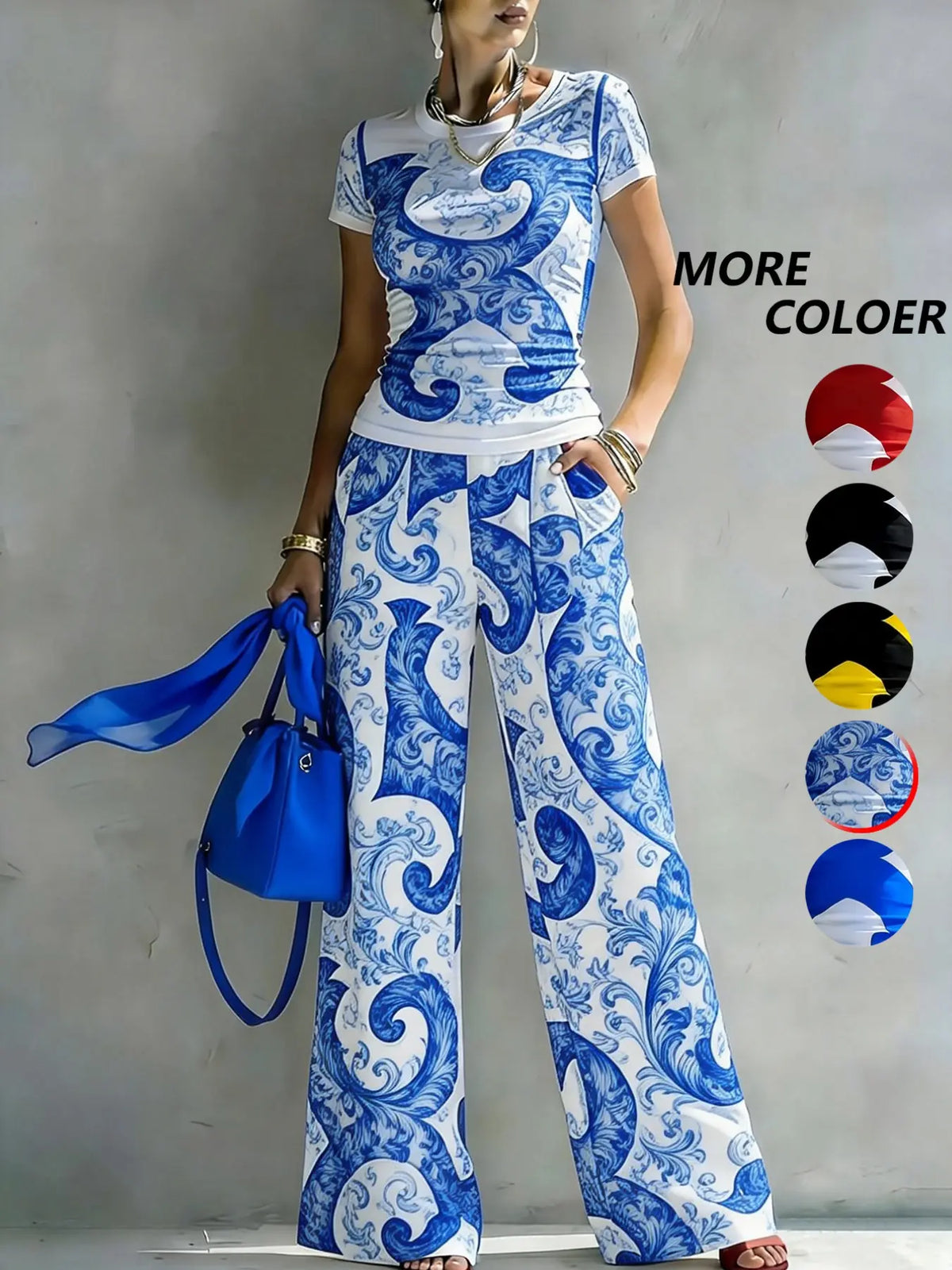 Women's Casual Two-Piece Set, Round Neck T-Shirt with Geometric Random Print, High-Waisted Pocket Wide Leg Pants, Urban Leisure, Matching, Casual Everyday Set