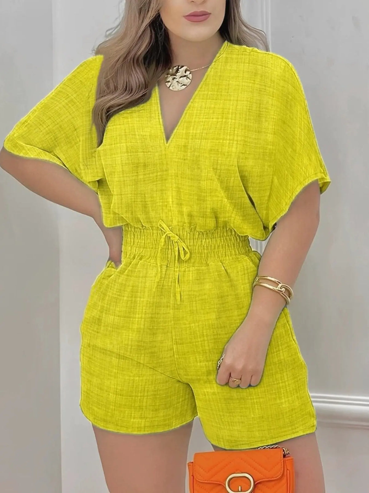 Women's Plain Drawstring Shirred Waist V Neck Romper, Casual Half Sleeve Zipper Back High Waist Romper for Summer, Fashion Women's Clothing for Daily Wear, Casual Rompers