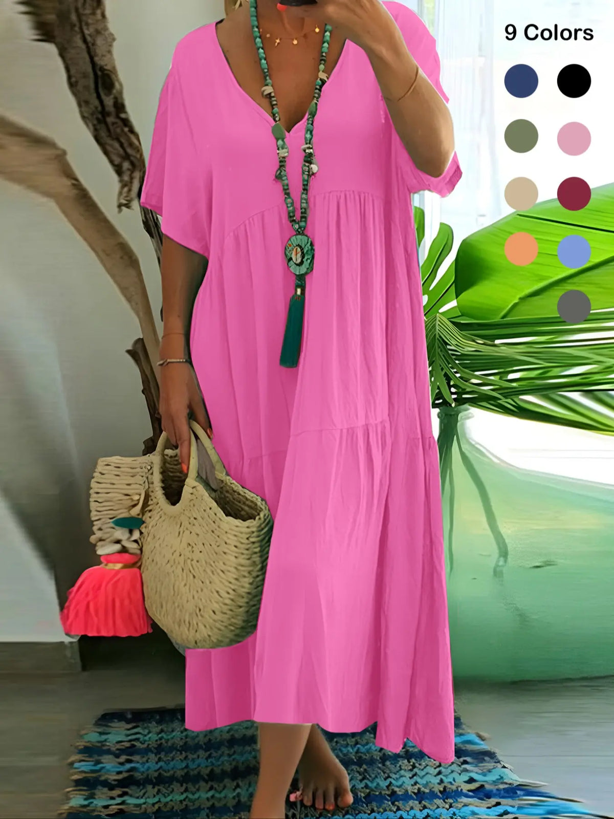 Plus Size Women's Summer Casual Loose V-Neck Plain Long Dress Bohemian Boho Style, Short Sleeve, Tiered Layer, Spring & Fall Fashion