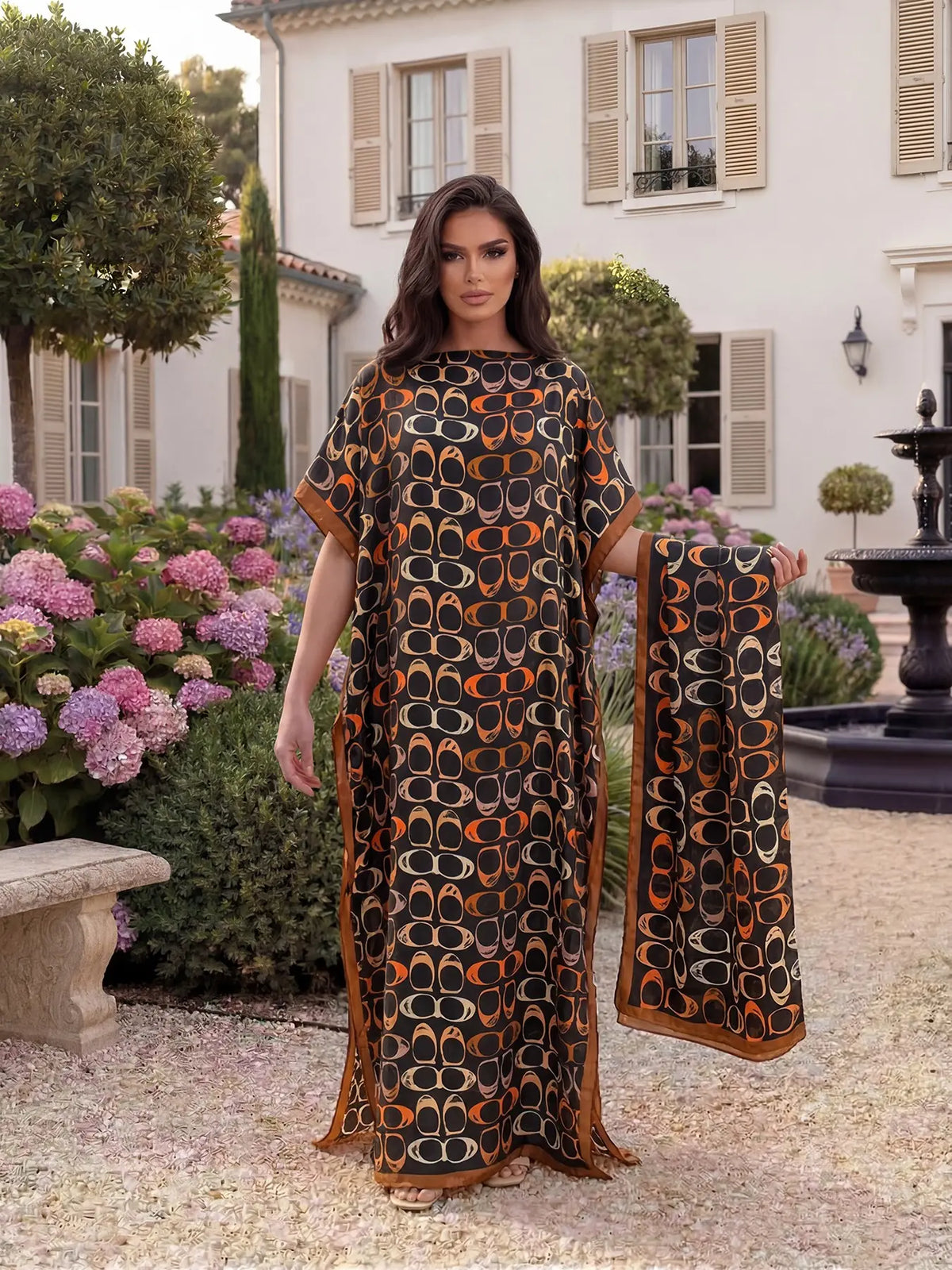 Women's Elegant Chic Geometric Print Robe Set, Casual Fitted Long Dress & Scarf, Beach Resort Wear Sun Protection Satin Matching Set Shawl