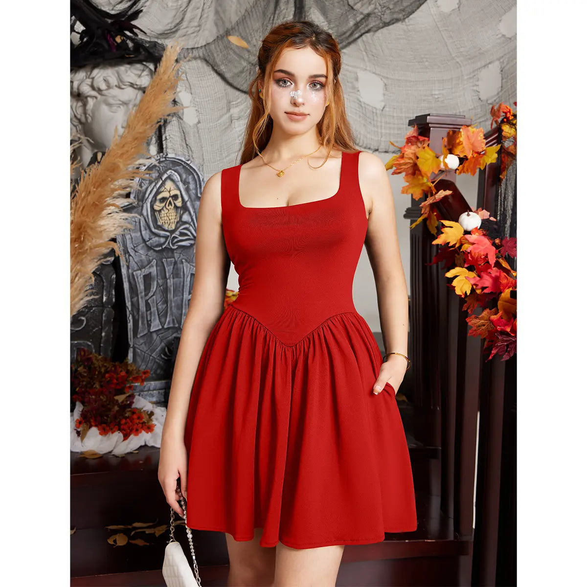 OYS Women's Summer Sleeveless Square Neck A-line Ruffle Hem Mini Tank Dress With Pockets