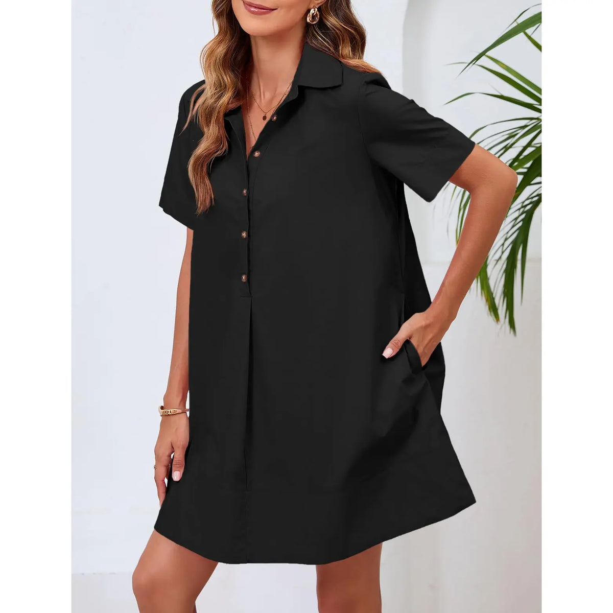 Wenrine Women's Button Down Shirt Dress Oversized Casual Short Sleeve Collared V Neck Party Flowy Summer Mini Dresses Womenswear Soft