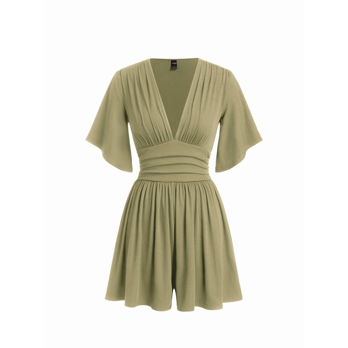 Cider Textured V-neck Ruched Mid Rise Bell Sleeve Ribbed Fabric Romper with Pockets Womenswear Basic Minimalist Jumpsuit