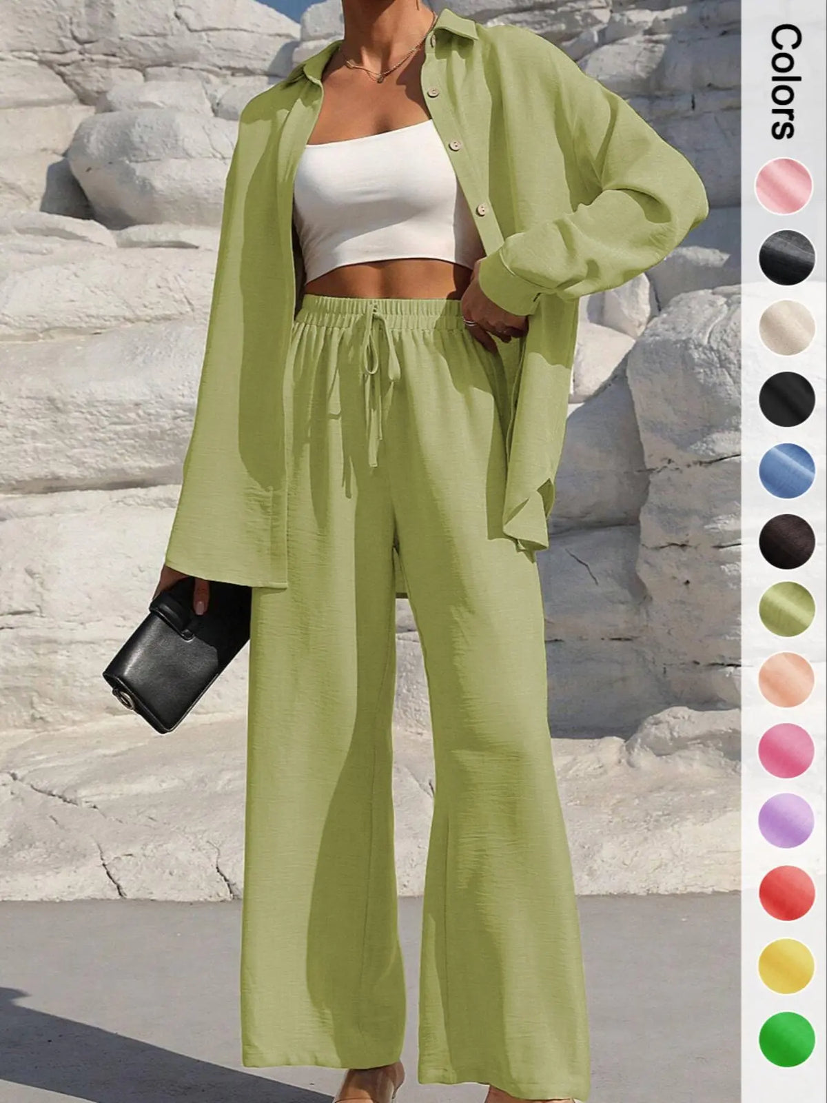 Women's Solid Button Front Shirt & Tie Front Wide Leg Pants Two-piece Set, Casual Drop Shoulder Long Sleeve Top & Trousers 2 Piece Set for Spring & Fall, Women's Clothes for Daily Wear, Casual Outfits Women, Casual Everyday Set