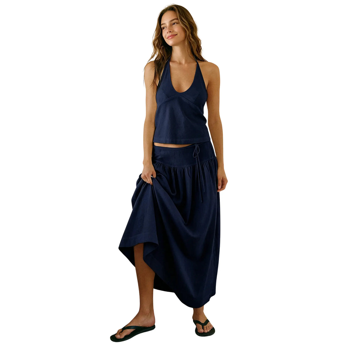YeeZaa 2 Piece Linen Skirt Set for Women 85%Cotton & 15%Linen Summer Outfits Sandshell Linen Skirt Set Sleeveless Halter Open Back Top Maxi Skirt Two Piece Sets with Pockets Cotton Blend Resort Vacation Casual Beach Travel Wear