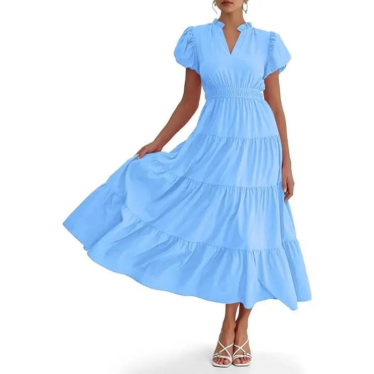 Wenrine Women's Woven Casual Summer Dress - Deep V-Neck, Puff Short-Sleeves, Elastic, Comfortable, Flowy Tiered A-Line Midi, Beach Wear