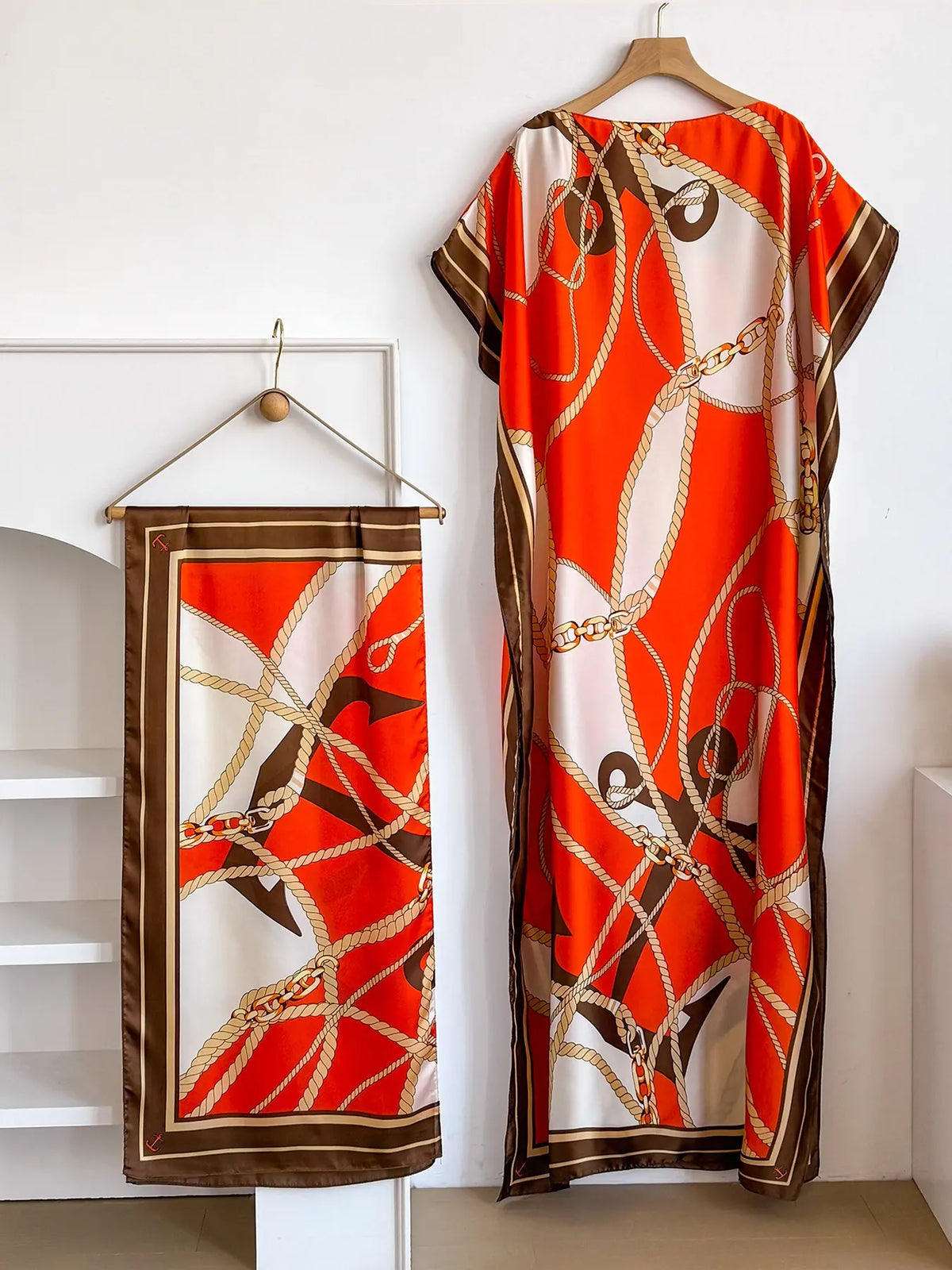 Elegant Dopamine Color Set, Boho Summer Chain Print Muumuu Long Dress Robe, Women's Sun Protection Satin Scarf Shawl