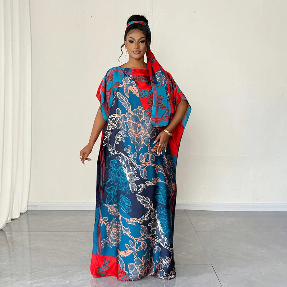 Women's Short-Sleeve Casual Navy & Red Floral Line Art Silky Modest Maxi Bubu Dress Set, Trendy Clothes for Women, Stylish Maxi Dresses