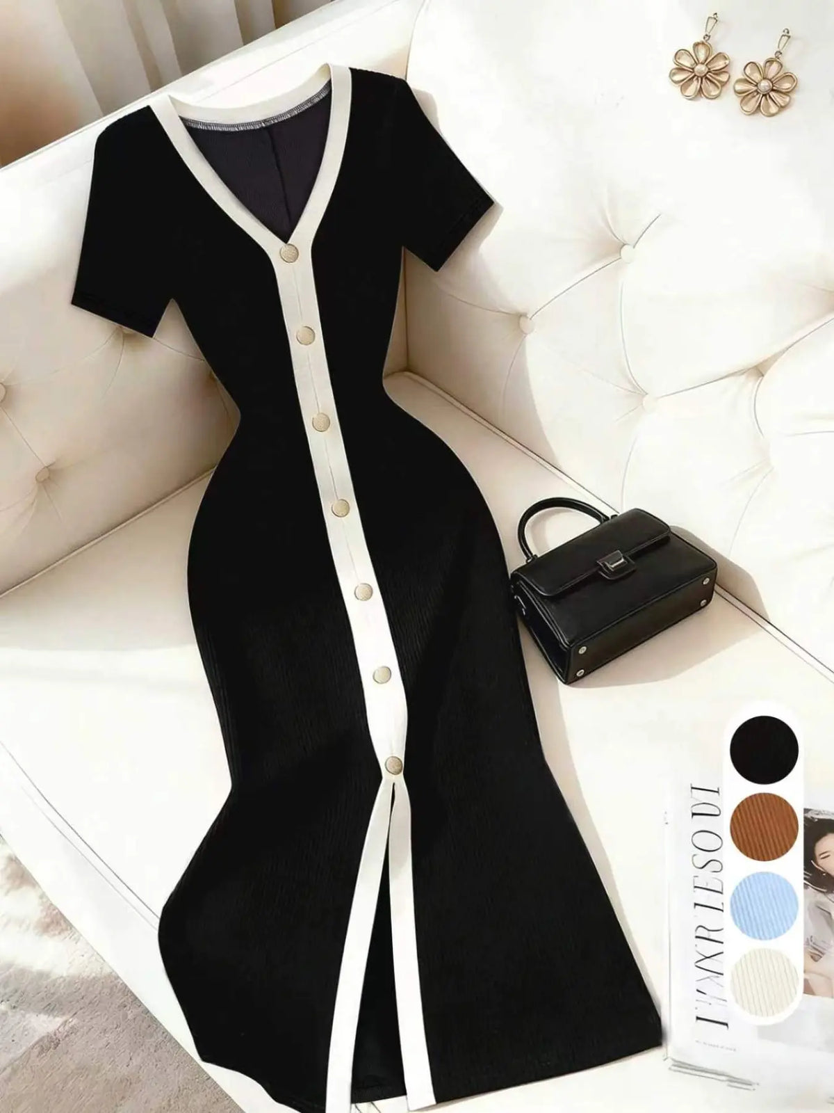 Elegant Knit Dress, Chic, Knitted, Short Sleeve Long Dress, Solid Color, Slim Fit, High Waist, French Style, Casual Wear, Office Wear, Date Night, Tea Time, Pear Shape