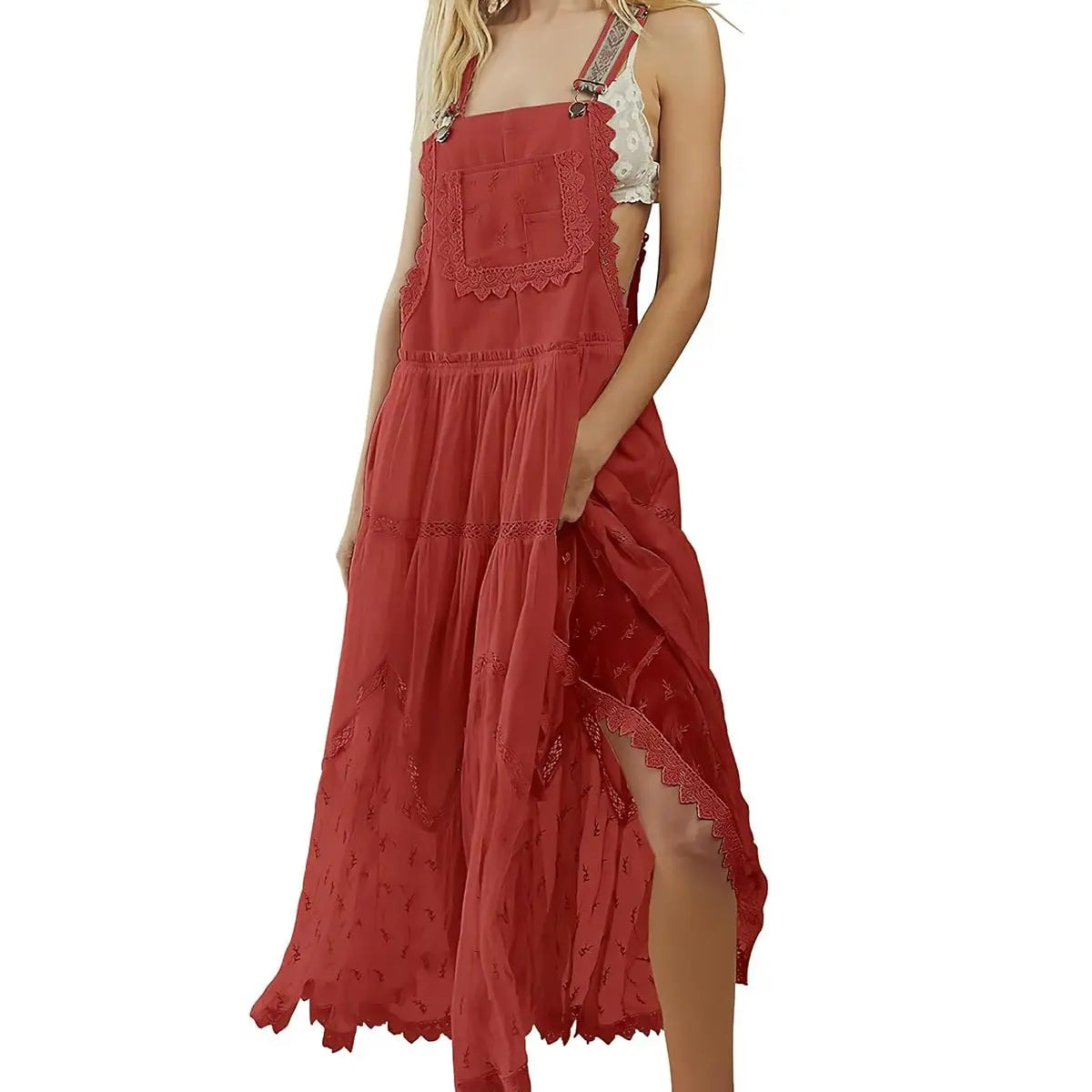 CHOUYATOU Women's Bib Pinafore Jumper, Vintage Style with Embroidered Lace and Mesh Tulle Hem, Loose Fit Ankle-Length with Adjustable Straps, Polyester, Breathable, Lightweight, Casual Wear, Flared, Fabric, Pocket, Basic, Bohemian, Beachwear, Fashion Appa