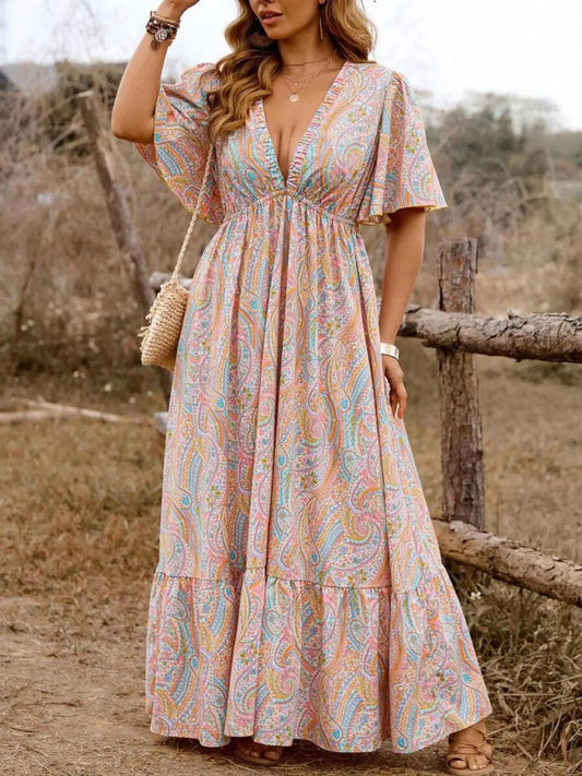 Plus Size All-Over Floral Print Dress, Casual Chic V-Neck Dress for Daily Wear, Holiday & Vacation, Boho Style Women's Clothing for Summer, Bohemian Style