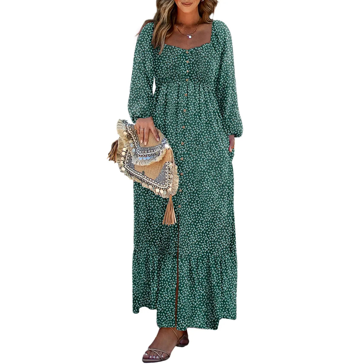 Dokotoo Womens Dresses Boho Floral Smocked Empire Waist Square Neck Long Sleeve Button Maxi Dress Beach Vacation Sundresses