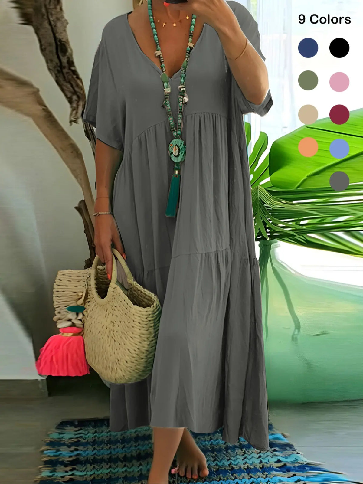 Plus Size Women's Summer Casual Loose V-Neck Plain Long Dress Bohemian Boho Style, Short Sleeve, Tiered Layer, Spring & Fall Fashion