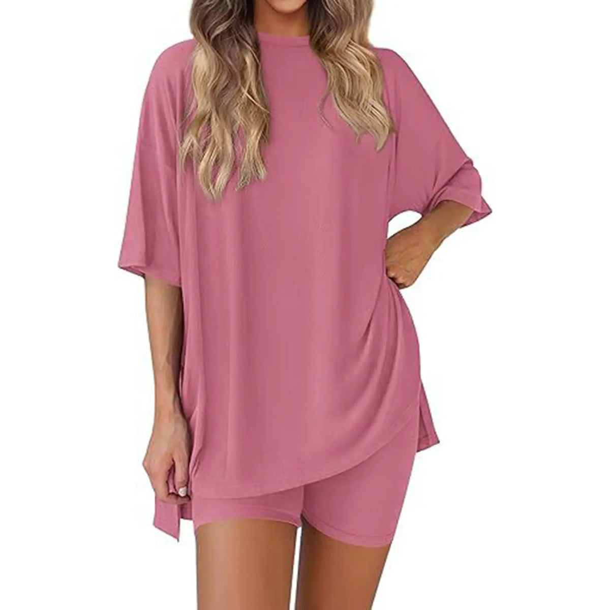 Women's 2-Piece Pajama Set, Loose-Fit Short Sleeve Crew Neck Top and Fitted Biker Shorts, Solid Color Polyester Spandex Loungewear