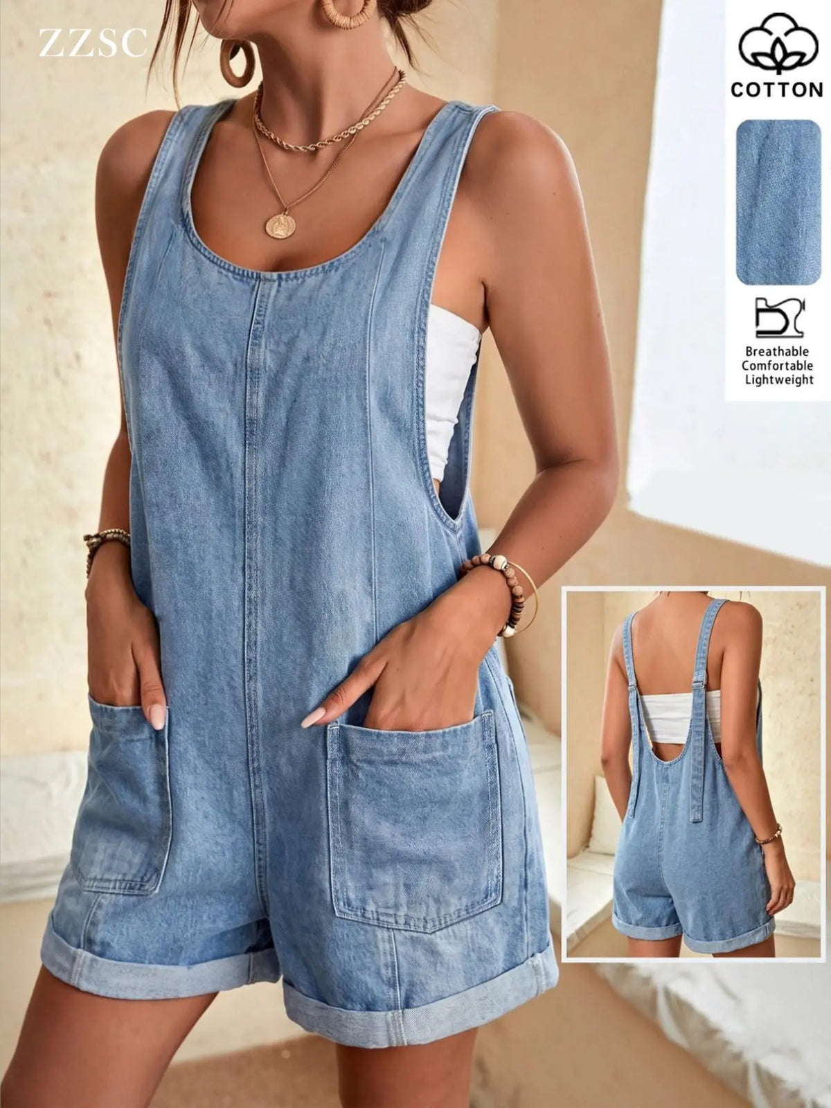 Washed Denim Light Wash Loose Fit High Waist Adjustable Straps Romper Jean Jumpsuit, Casual Everyday Wear Loose Overalls Jumpsuits