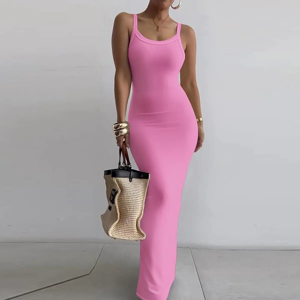 CHICME Women Spaghetti Strap U-Neck Casual Maxi Dresses Slim Fit Cami Dress/Elegant Solid Color Cami Lounge Dress Party Club  Bodycon Dress