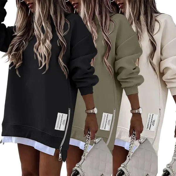 CHICME 2026 Women's Oversized Fall Long Sleeve Pullover Sweatshirt Zipper Slit Casual Dress Drop Shoulder Outfits
