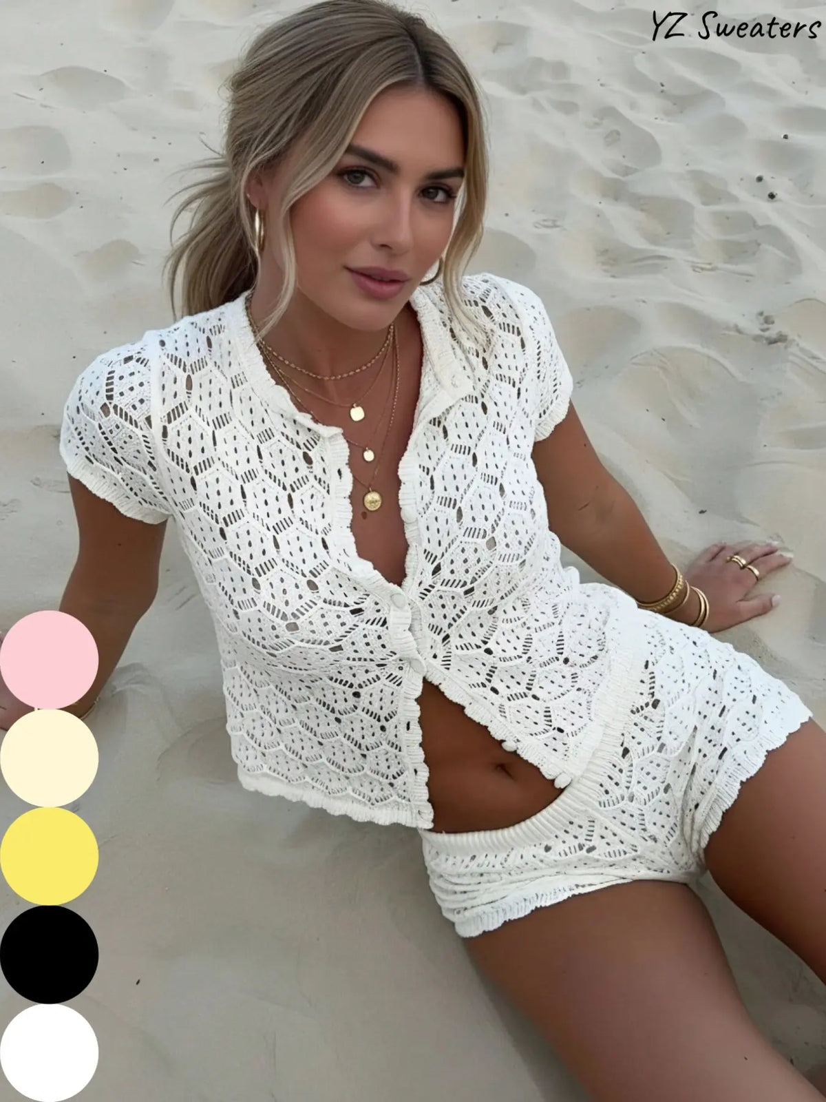 Women's Casual Summer Two-Piece Set, Breathable Knitted Sweater Top and Shorts Beachwear, Holiday Clothing, Ladies' Fashion Outfit Ensemble Slim, Basic, Matching