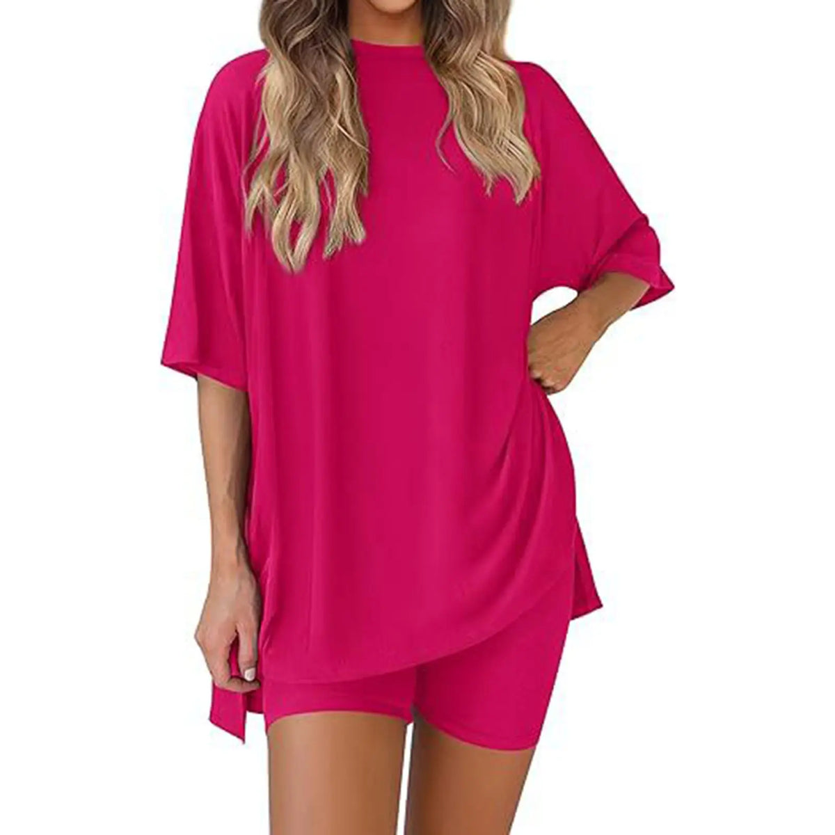 Women's 2-Piece Pajama Set, Loose-Fit Short Sleeve Crew Neck Top and Fitted Biker Shorts, Solid Color Polyester Spandex Loungewear