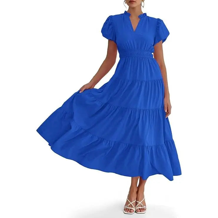Wenrine Women's Woven Casual Summer Dress - Deep V-Neck, Puff Short-Sleeves, Elastic, Comfortable, Flowy Tiered A-Line Midi, Beach Wear