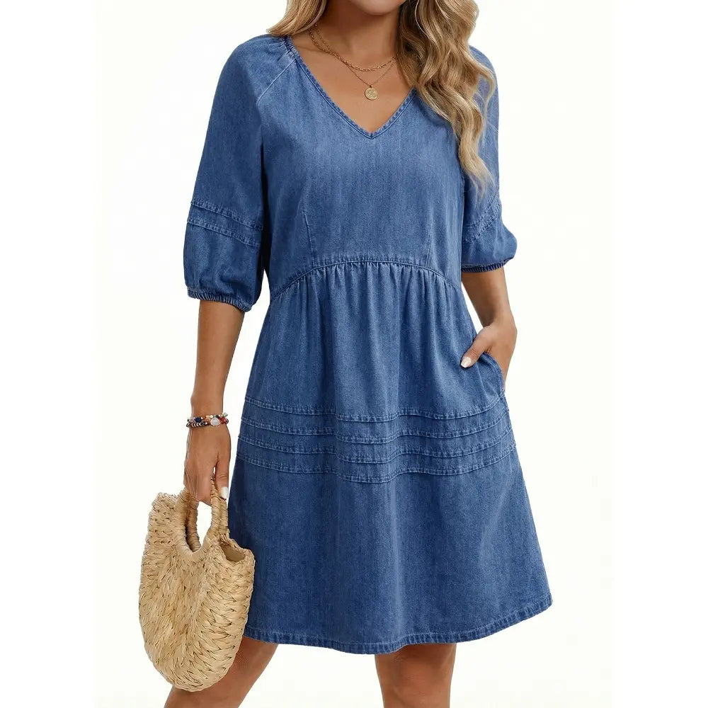Dokotoo Denim Dress for Women Casual V Neck Puff Short Sleeve Mini Jean Dress Cute Back Tie Summer Dresses
