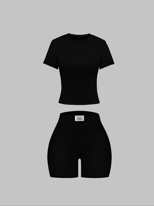 Women's Summer Casual Solid Color Knitted Round Neck T-Shirt Shorts Set Outfit, Comfortable and Stylish, Perfect for Daily Wear