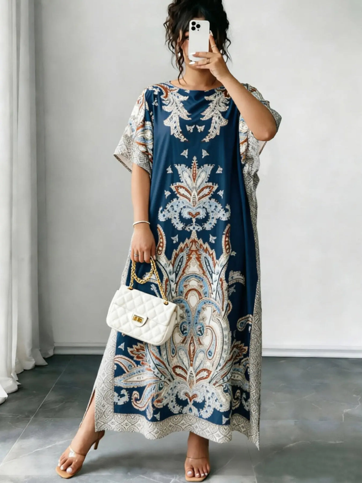 Women's Casual Ethnic Style Loose-Fit Dress, All Over Print, Summer Wear, Beach, Split Hem Design, Ideal for Daily Wear & Vacation, Lightweight