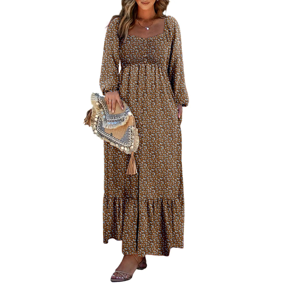 Dokotoo Womens Dresses Boho Floral Smocked Empire Waist Square Neck Long Sleeve Button Maxi Dress Beach Vacation Sundresses