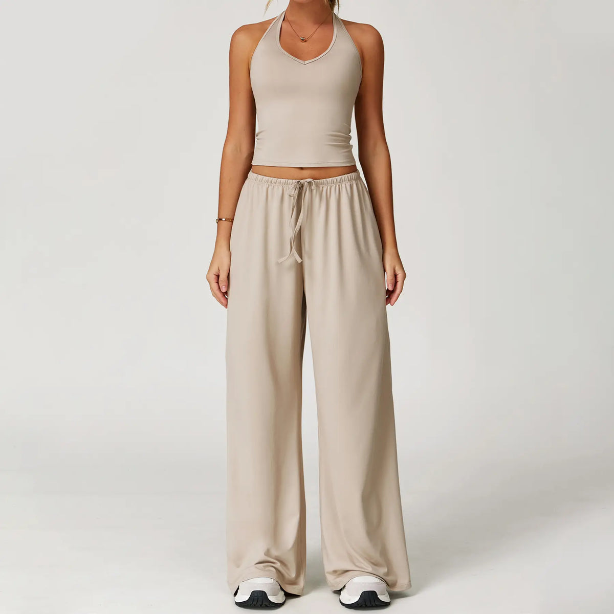 Nvwaurban Women's 2-Piece Fitted Athleisure Outfits, Summer Ribbed Fabric Set with V-Neck Strappy Open-Back Top & Wide Leg Pants, Breathable Everyday Active Lounge Wear for Gym & Travel, Sports Clothing Set for Back to School