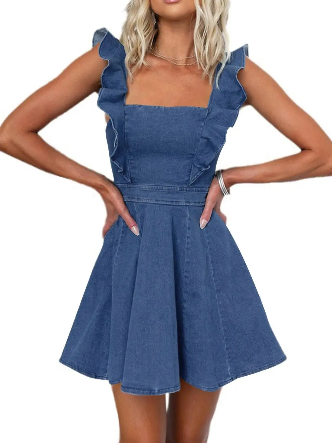 utcoco Women's Sexy Strappy Denim Babydoll Mini Dress - Sleeveless, Backless, Ruffled Trim, Adjustable Straps, Customized, Stylish Women's Wear, Night Out Clothes, Concert Wear, Summer Casual Apparel, Girly Feminine Items