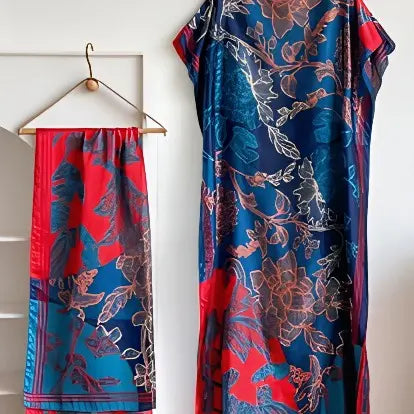 【MOOMOO】Women's Elegant Floral Print Polyester Moo Moo & Matching Scarf Set - Multicolor, Lightweight Boho Loose-Cut Cape Cover Up, Female Swimwear Accessory, 2-Scenario Use (Beach, Loungewear), All Seasons Casual, Fabric Style 03, Sohochic