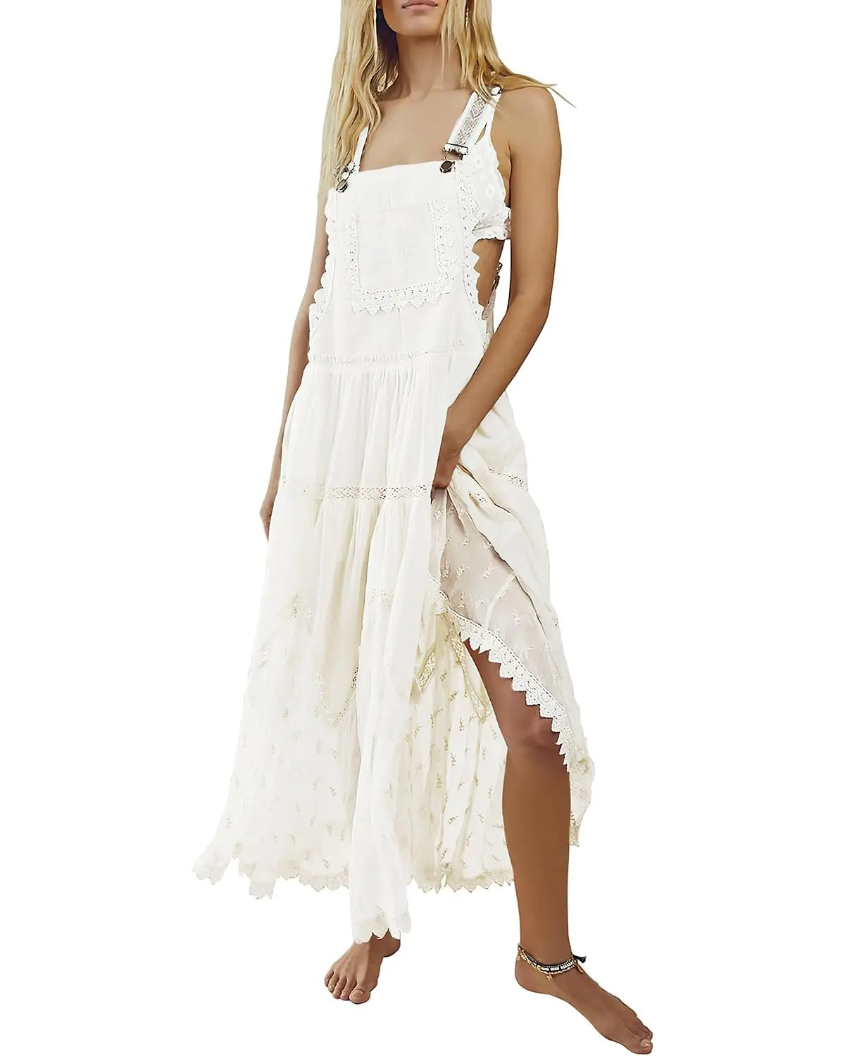 CHOUYATOU Women's Bib Pinafore Jumper, Vintage Style with Embroidered Lace and Mesh Tulle Hem, Loose Fit Ankle-Length with Adjustable Straps, Polyester, Breathable, Lightweight, Casual Wear, Flared, Fabric, Pocket, Basic, Bohemian, Beachwear, Fashion Appa