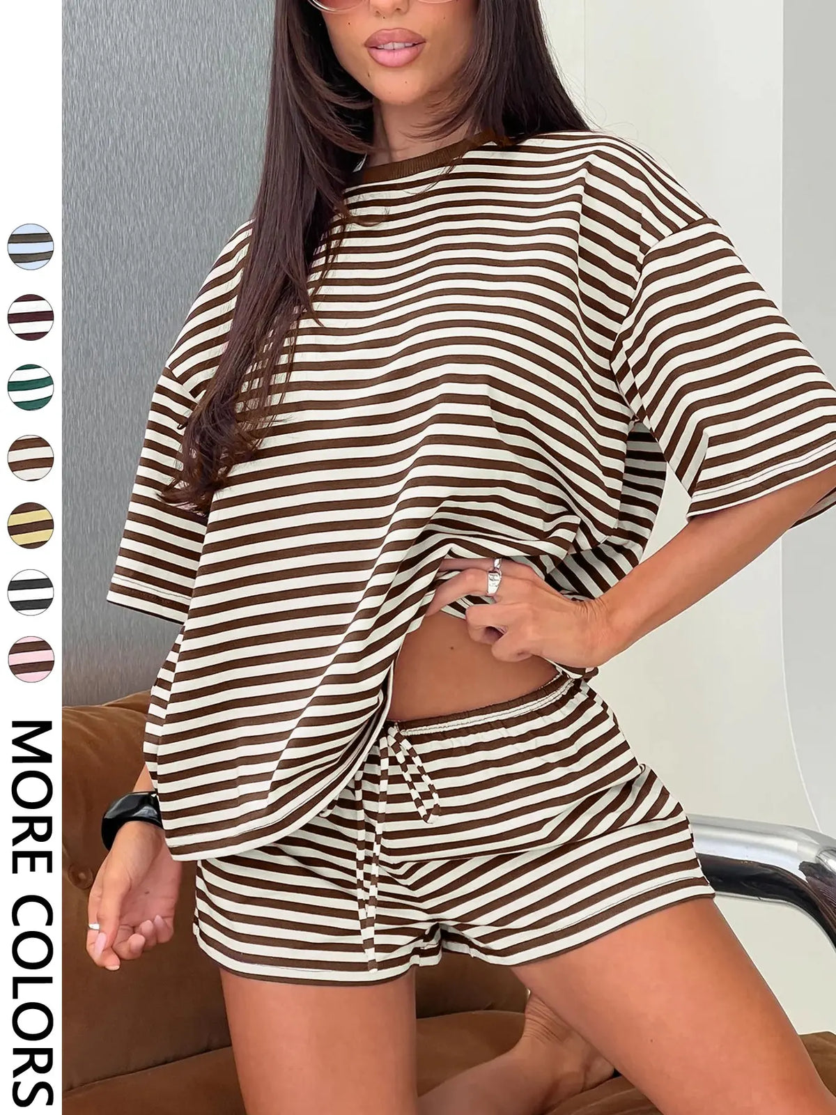 Women's Striped 2 Piece Outfit Women | Oversized T-Shirt + Drawstring Shorts | Soft Casual Lounge Set | Y2K Clean Girl Style for Daily Home Vacation Wear Shorts Matching Set
