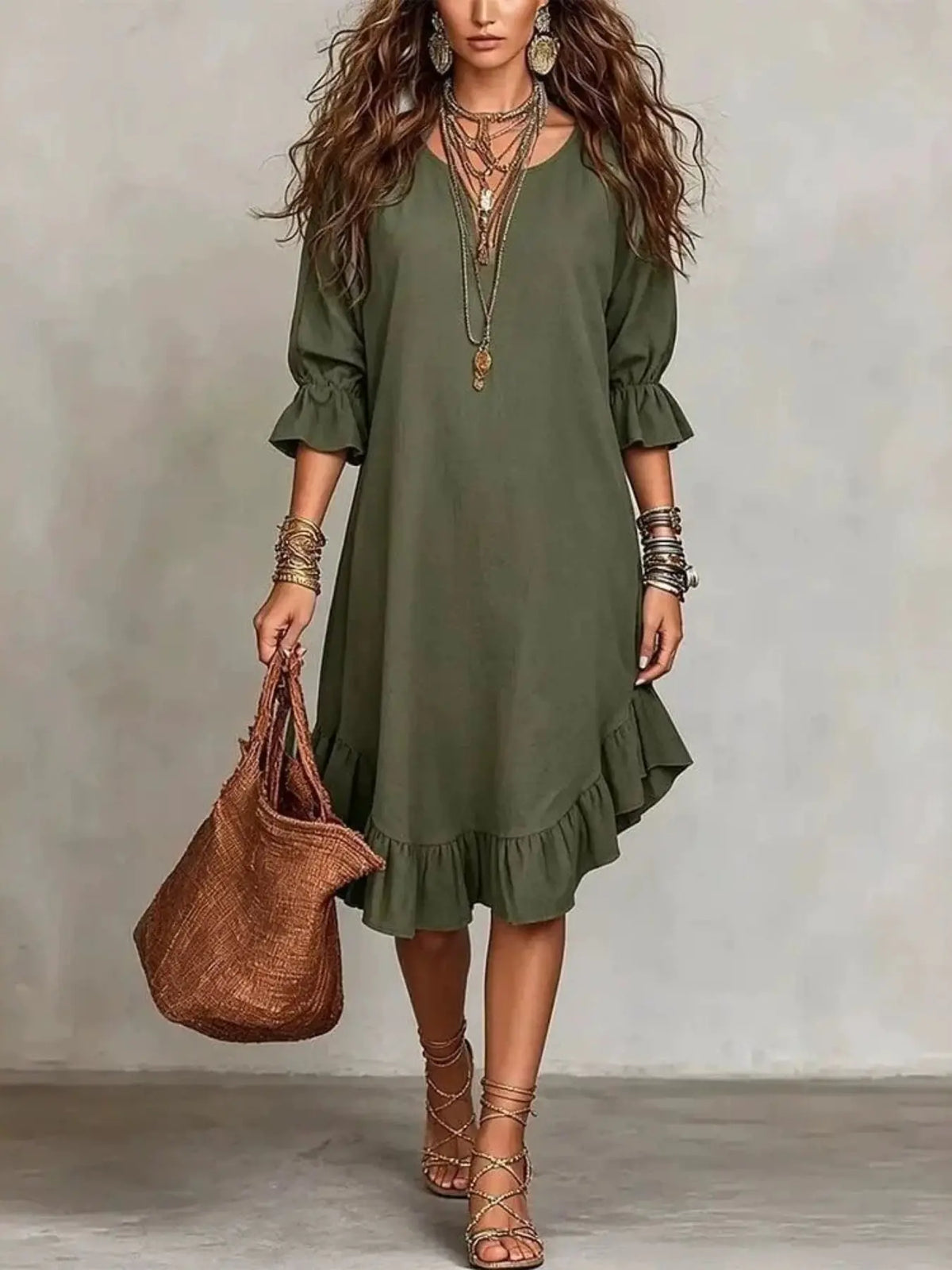 Boho-Style Bohemian Round-Neck Ruffle Three-Quarter-Sleeve Dress, Loose-Fit A-Line Midi Dress, Perfect for Summer Vacation, Chic, Comfortable and Stylish, Boho Style Dresses